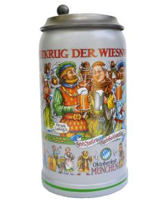 2016 - Wiesn Wirte Krug mit Zinndeckel, Brauereikrug, Bierkrug, Steinkrug, Oktoberfestkrug