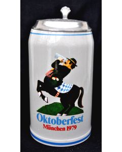 1979 - Offizieller Oktoberfestkrug mit Zinndeckel, Jahrgangskrug, Plakatmotiv