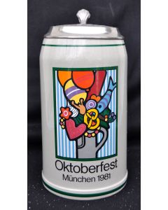 1981 - Offizieller Oktoberfestkrug Plakatmotiv Jahrgangskrug Wiesnkrug mit Zinndeckel