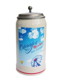 2018 - Offizieller Oktoberfestkrug Plakatmotiv, Jahrgangskrug, Wiesnkrug mit Zinndeckel