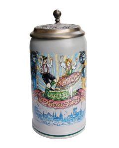 2018 - Wiesn Wirte Krug mit Zinndeckel, Brauereikrug, Bierkrug, Steinkrug, Oktoberfestkrug