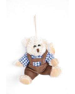 Plüschtier, Teddybär beige mit brauner Lederhose und Trachtenhemd weiss/blau kariert