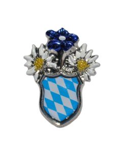 Pin Anstecker Souvenir Edelweis mit Wappen Bayern blau/weis Raute