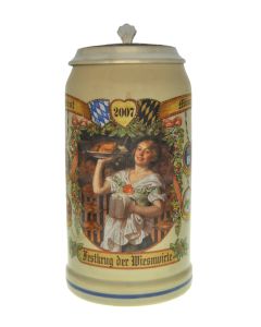 2007 - Wiesn Wirte Krug mit Zinndeckel, Brauereikrug, Bierkrug, Steinkrug, Oktoberfestkrug