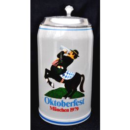 1979 - Offizieller Oktoberfestkrug mit Zinndeckel, Jahrgangskrug, Plakatmotiv