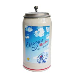 2018 - Offizieller Oktoberfestkrug Plakatmotiv, Jahrgangskrug, Wiesnkrug mit Zinndeckel