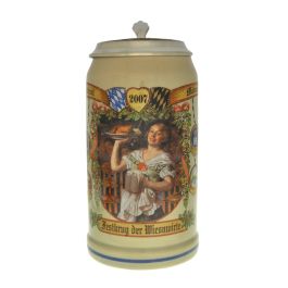 2007 - Wiesn Wirte Krug mit Zinndeckel, Brauereikrug, Bierkrug, Steinkrug, Oktoberfestkrug